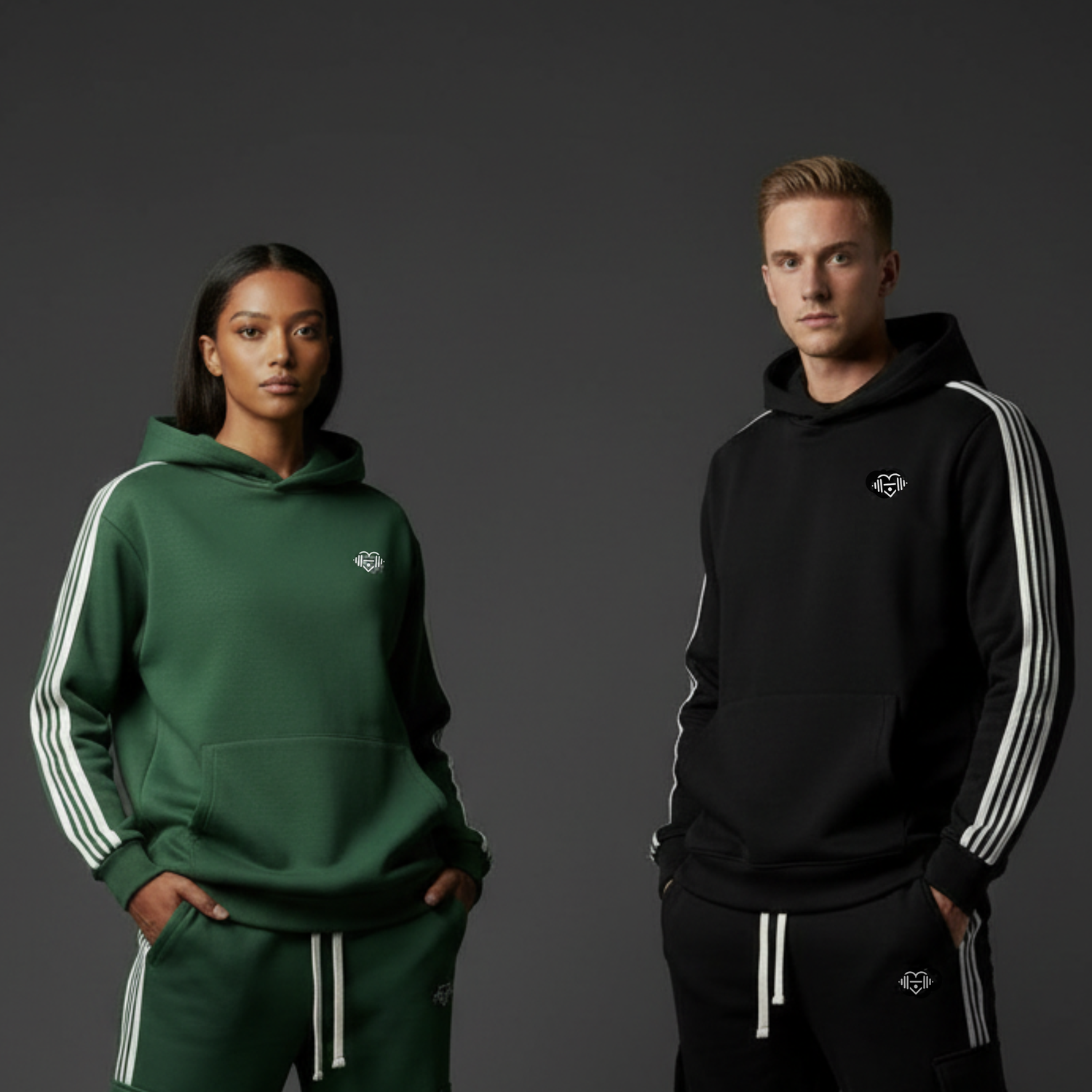 Woman in LOVEGYM Cropped Hoodie in Peach, alongside man in LOVEGYM Organic Hoodie in Black