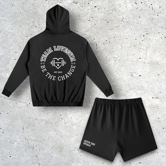 TEAM LOVEGYM Oversized Hoodie & Black Shorts Set