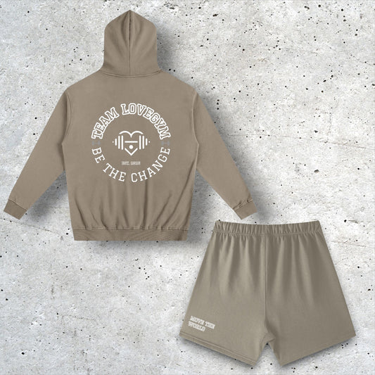 TEAM LOVEGYM Oversized Hoodie & Grey Camel Shorts Set