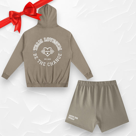 TEAM LOVEGYM Oversized Hoodie & Grey Camel Shorts Set