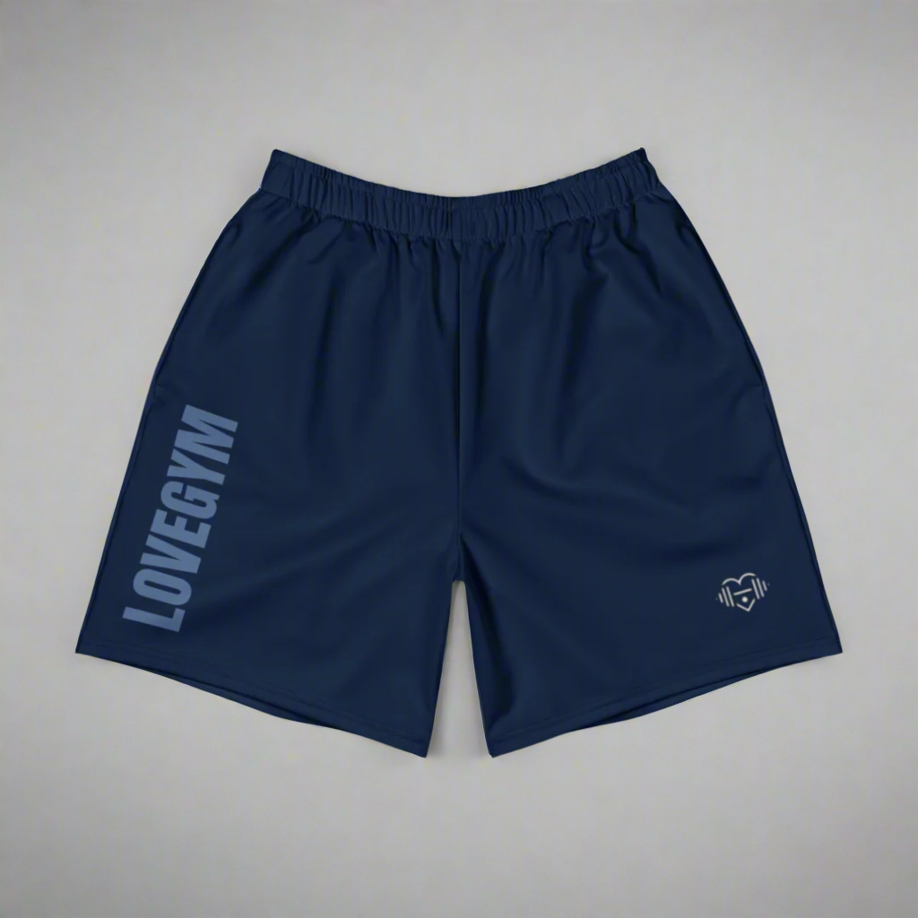 Navy blue shorts with 'LOVEGYM' branding on a white background