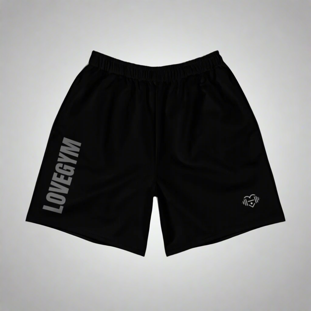 Black shorts with 'LOVEGYM' branding on a white background